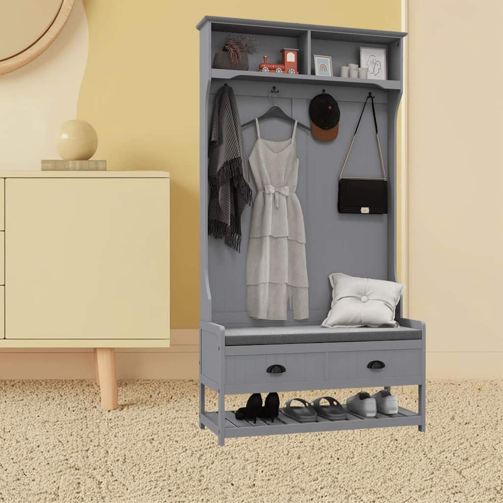 Multifunctional Entryway Bench with Coat Rack, Storage Shelves, Shoe Rack and Padded Seat Cushions, Hall Tree for Hallway