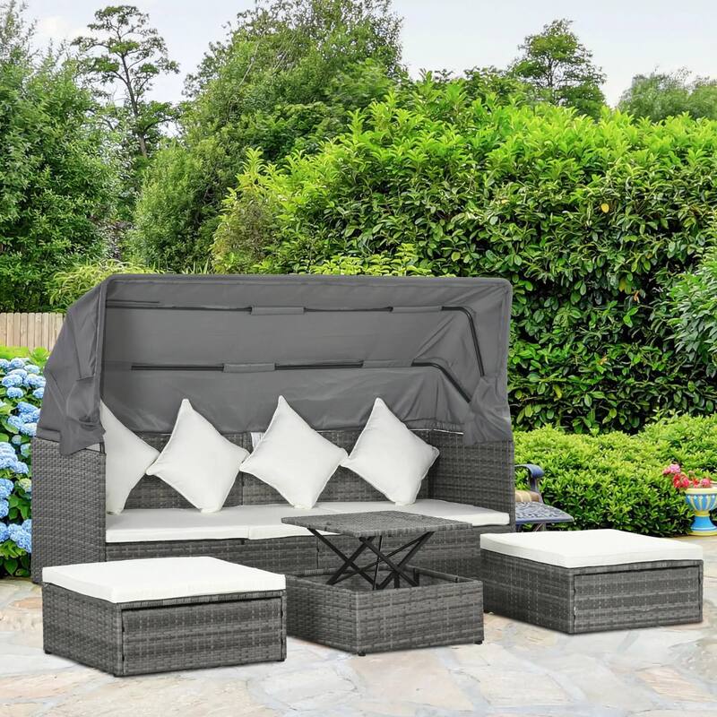4PCS Adjustable Canopy Outdoor Rattan Sofa Set,Adjustable Coffee Table