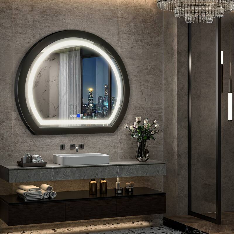 Arched Black Framed LED light Anti-fog 3 Colors Dimmable Wall Mirror - 27.6x23.6