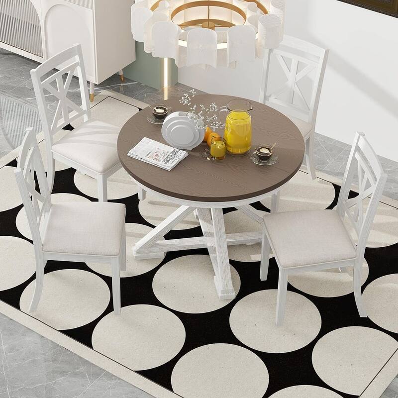 5 PCS Retro Functional Dining Table Set for 4 Extendable Round Table and 4 Upholstered Chairs