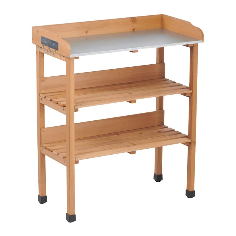 30"x14.5"×35.5" Potting Table w/Metal Tabletop, 3 Layers Outdoor Work Bench w/Hook for Garden, Solid Wood Workstation for Garage - Brown