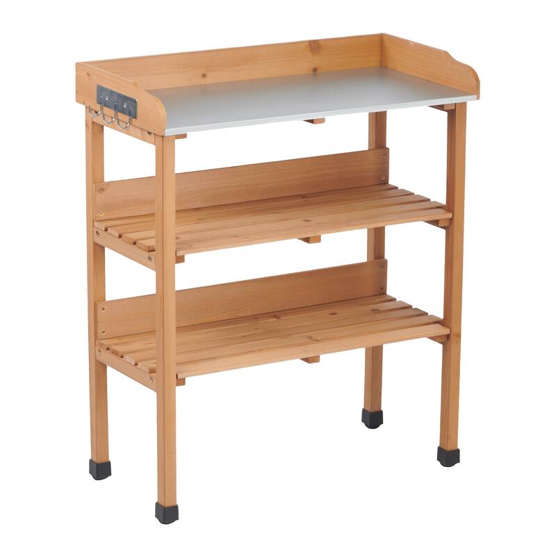 30″x14.5″×35.5″ Potting Table w/Metal Tabletop, 3 Layers Outdoor Work Bench w/Hook for Garden, Solid Wood Workstation for Garage - Light Brown