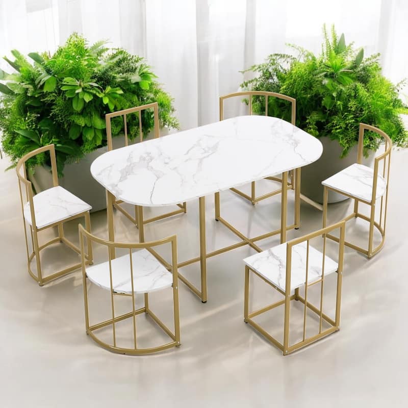 Modern 7-Piece Dining Set with Faux Marble 55" Compact Table and 6 Triangular Chairs for Small Spaces and Dining Room