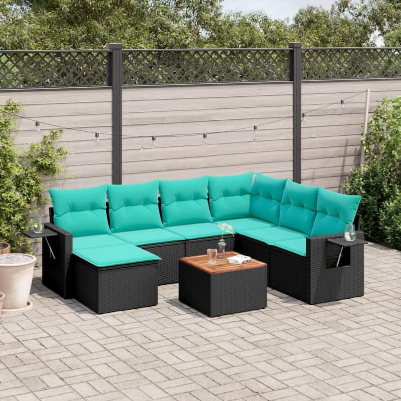 vidaXL 8 Piece Patio Sofa Set with Cushions Gray/Black Poly Rattan - 24.4" x 24.4" x 27.2" - Black and blue  - form2