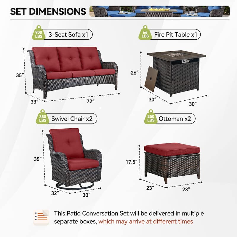 Gymojoy 6-Piece Outdoor Furniture Sofa Set with 2 Swivel Chairs, 2 Ottomans & 55K BTU Fire Pit Table