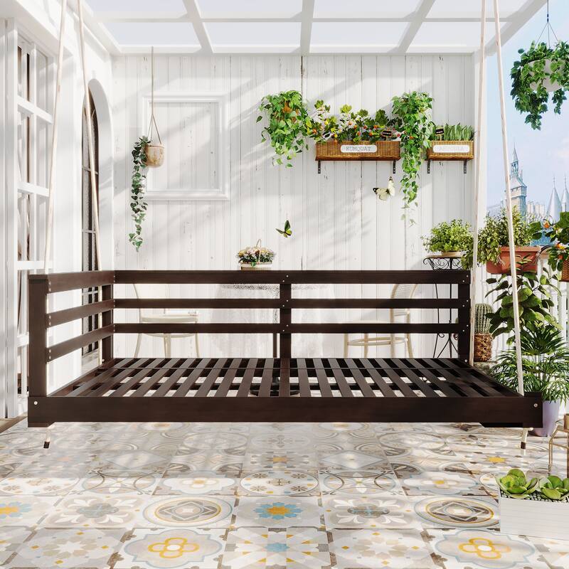 Patio Wooden Twin Size Swing Daybed Porch Swing Frame With Hemp Ropes (Excluding the table)