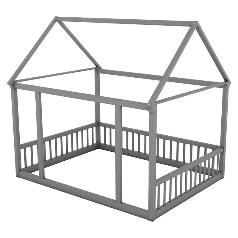 Pine Wood Floor Bed with House Roof Frame and Safety Guardrails