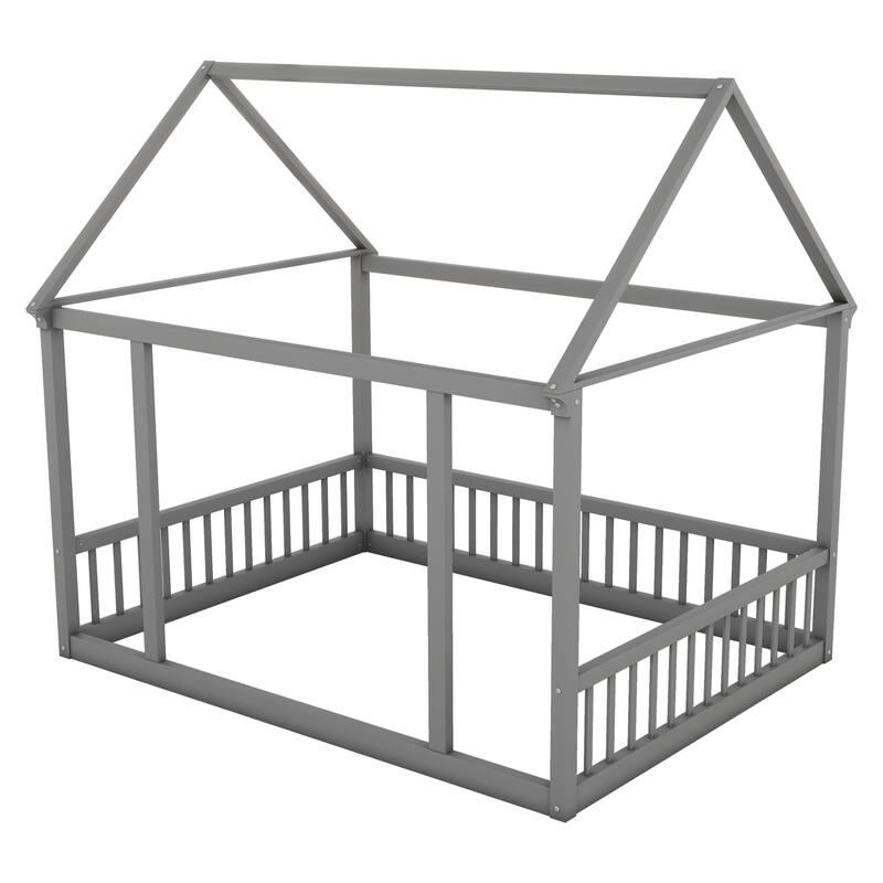 Twin/Full Size Floor Bed with Wooden House Roof Frame and Safety Guardrails for Children's Bedrooms, Small Space