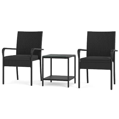 3 Piece Black PE Rattan Patio Set with Metal Frame, Cushions and Glass Table - Chair: 23" x 22.5" x 35"
