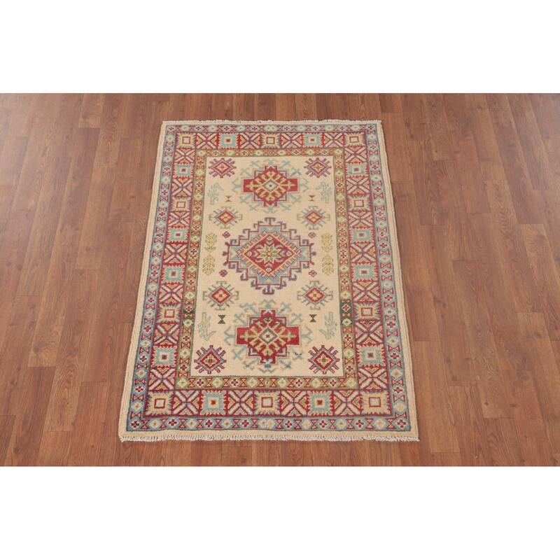 Geometric Kazak Foyer Rug Hand-Knotted Wool Carpet - 2'10" x 4'1"