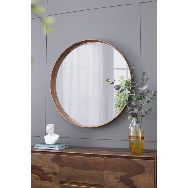 Round Pine Wooden Wall Mirror - 39.5" - Brown