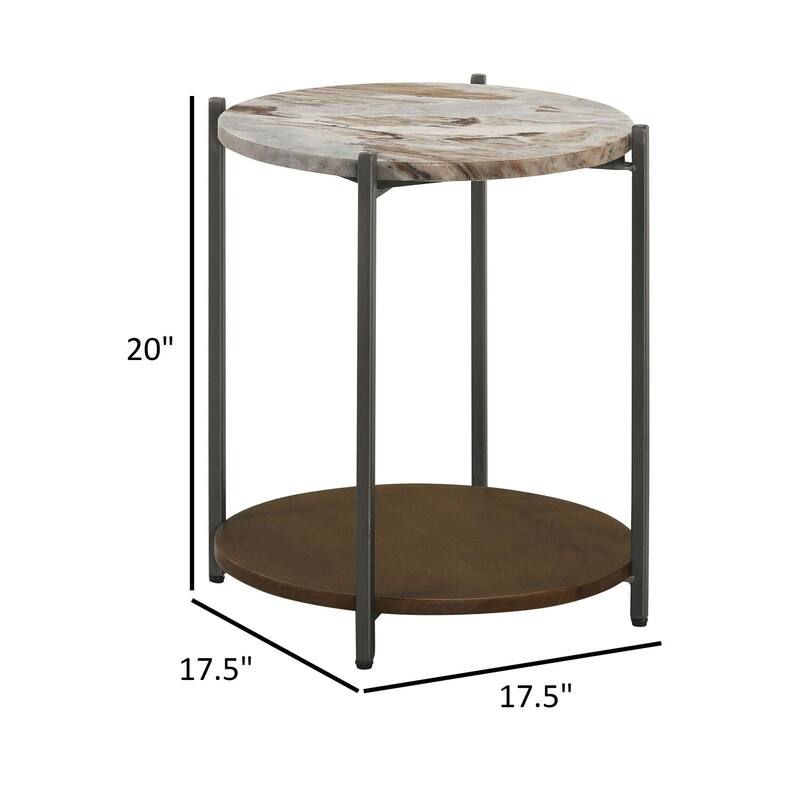 17.5 in. Gunmetal and Brown Round Faux Marble End Table, Sturdy Build End Side Table for Living Rooms