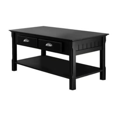 Country Style Black Wood Coffee Table with 2 Storage Drawers - 18.3"H x 37.8"W x 18.1"D