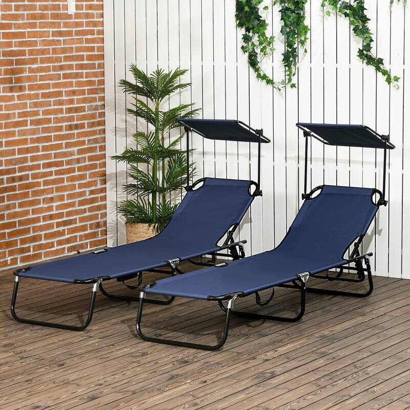 Outsunny Folding Chaise Lounge Pool Chairs, Set of 2 Outdoor Sun Tanning Chairs with Sunshade Face Guard - Dark Blue