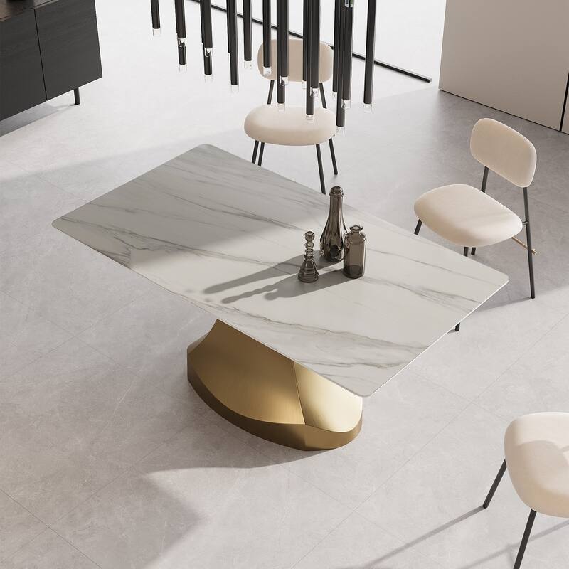 Modern Rectangle Tabletop Titanium Stainless Steel Pedestal Dining Table