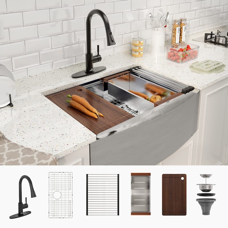 Farmhouse/Apron-Front Brushed Stainless Steel Workstation Kitchen Sink with Two-Function Pull-Down Faucet and Accessories