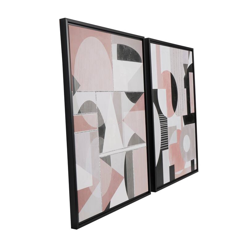 White Canvas Mid Century Modern Geometric Abstract Framed Wall Art with Gold Foil Accents (Set of 2)