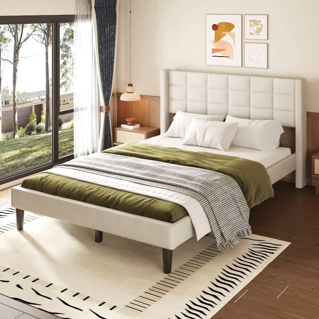 Queen Size Upholstered Bed Platform Bed with Embossed Headboard, Wood Slats and Multi-Leg Support Bed Frame No Box Spring Needed