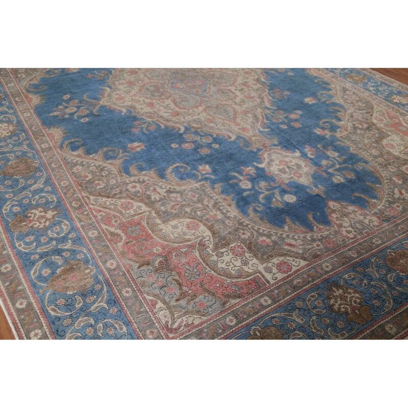 Distressed Tabriz Persian Vintage Rug Hand-Knotted Blue Wool Carpet - 10'0"x 13'4"