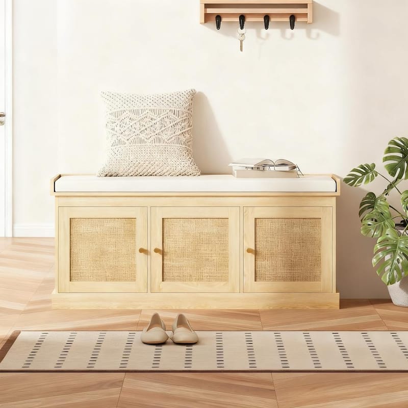 Shoe Storage Bench with Woven Rattan Doors, Shoe Bench with Cushion