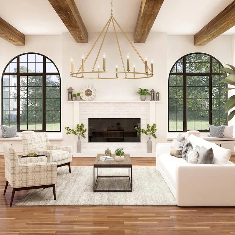 12-Light Modern Traditional Gold Pendant Light for Living Room Large Wagon Wheel Chandelier with Candle Accents