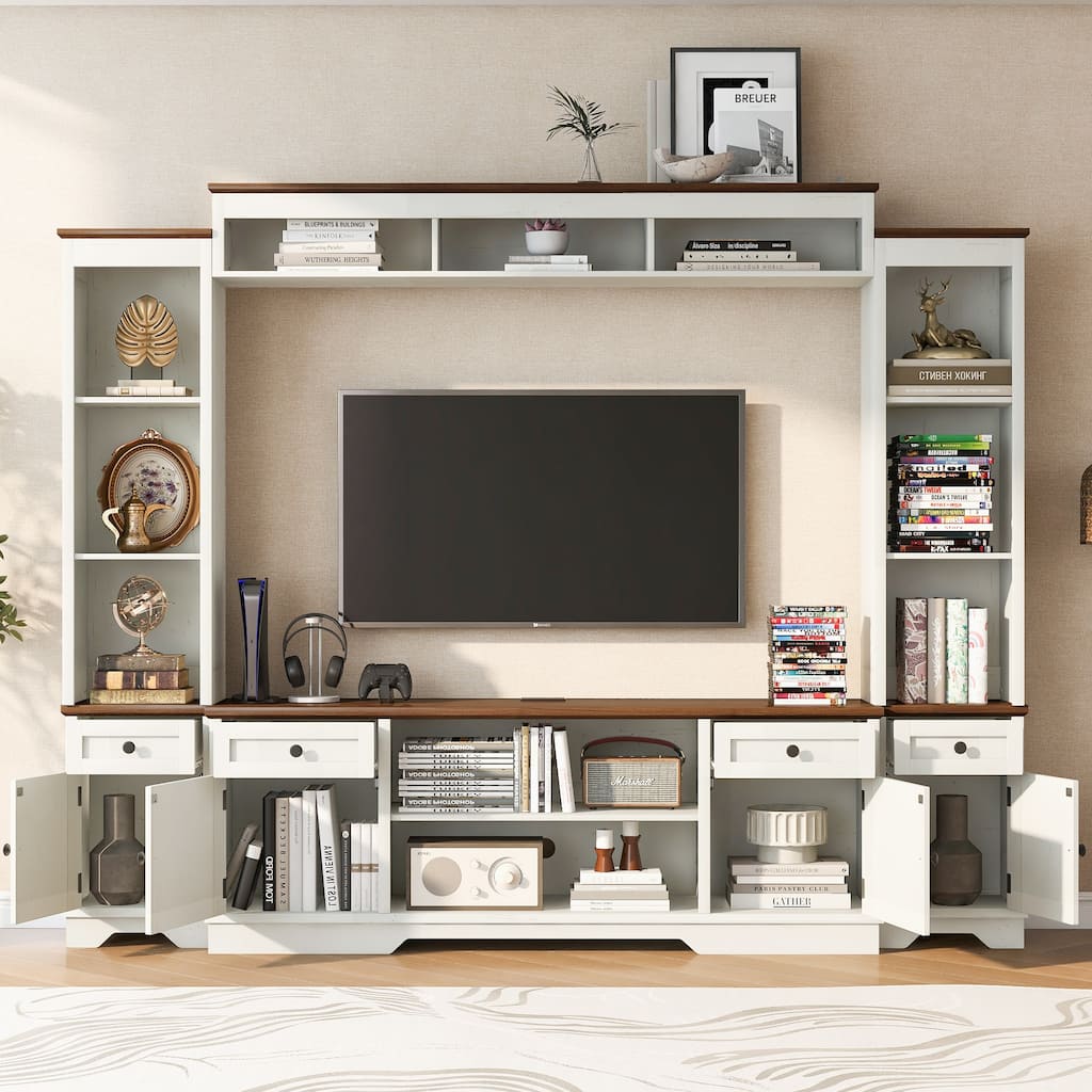 98.8" W Large Wall Unit Entertainment Center with Bookshelves, Barn Doors TV Stand with Charging Station for TVs up to 75"