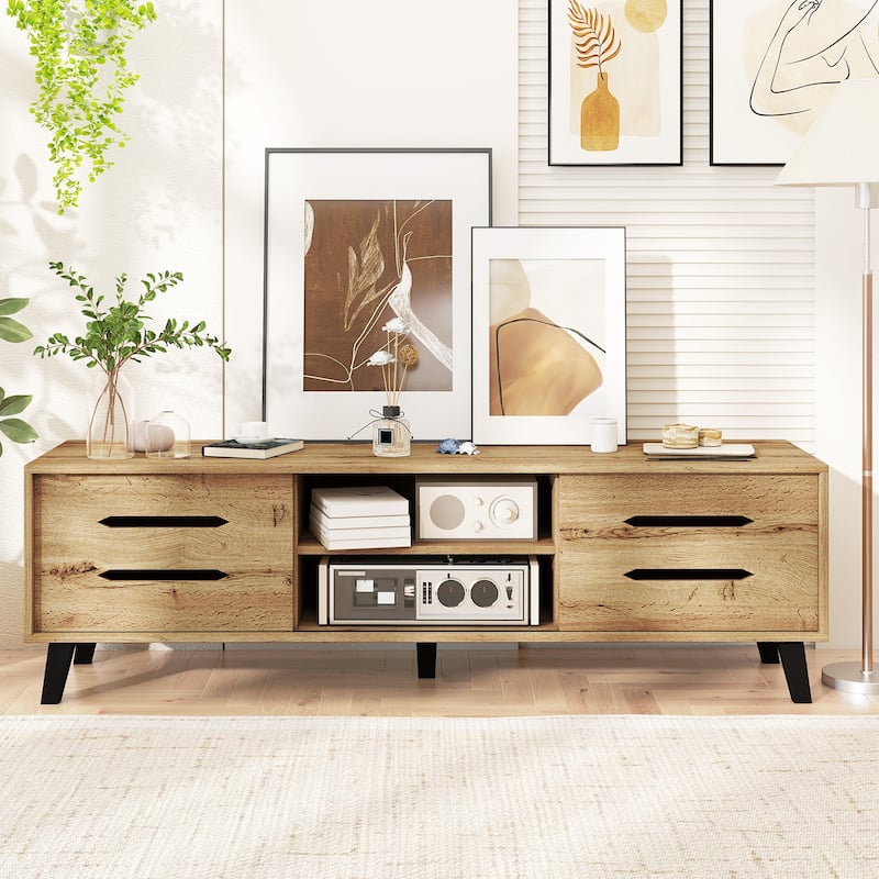 Gymax TV Stand w/Sliding Doors Storage Shelves Cable Hole Support Legs