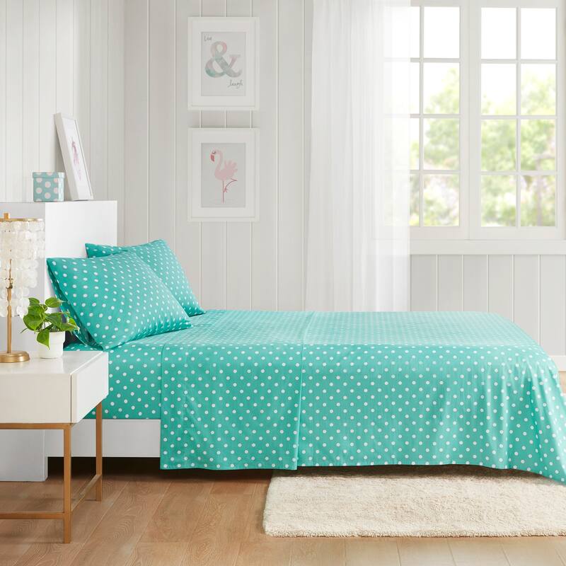 Intelligent Design Polka Dot Printed 100% Cotton Sheet Set - Seafoam - Twin