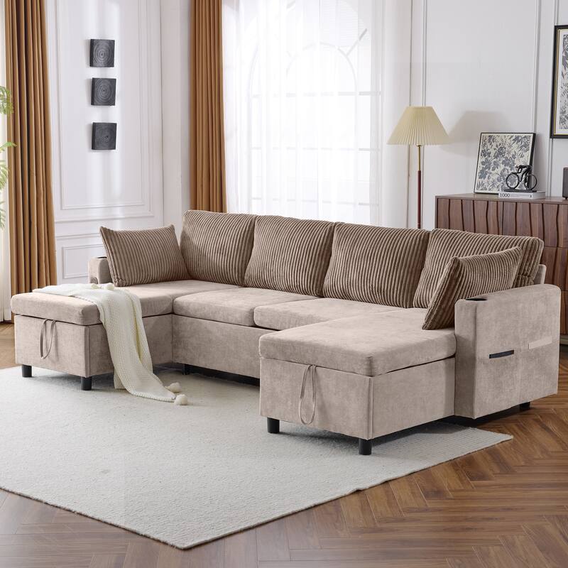 Multifunctional Sectional Sofa Bed with Pull-Out Sleeper, Dual Storage Chaises, USB Ports and Cup Holders for Living Room