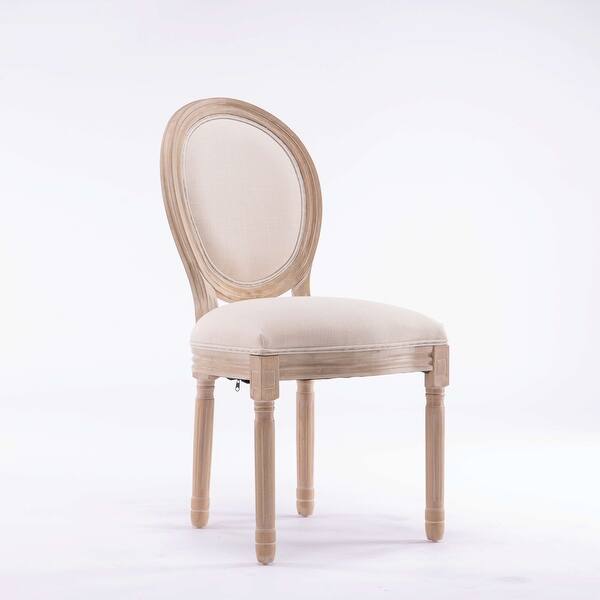 French Style Solid Wood Frame Antique Painting Linen Fabric Oval Back Dining Chair, Set of 2