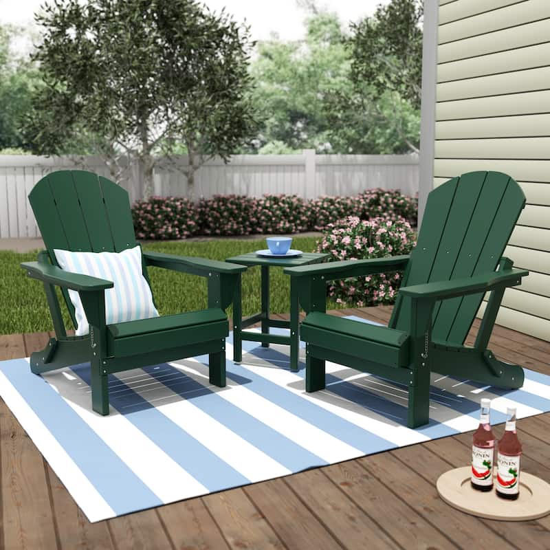Polytrends Laguna Hdpe All Weather Outdoor Patio Foldable Adirondack Chairs With Side Table (3-Piece Set) - Dark Green