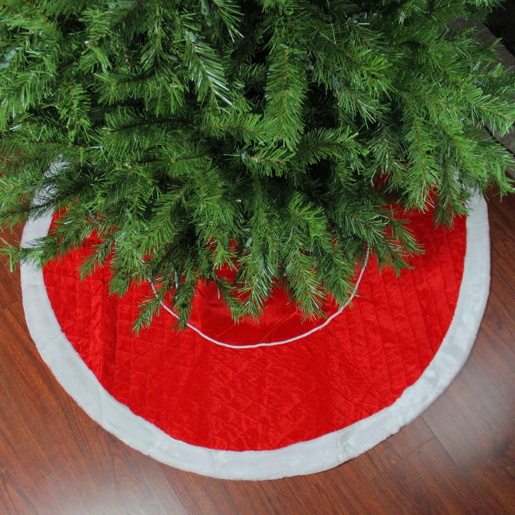 48" Red and White Quilted Faux Fur Border Christmas Tree Skirt - 48