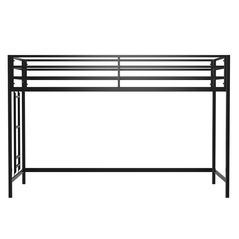 Space-Saving Junior Twin Loft Bed with Ladder & Guardrails for Kids - Black Metal Frame, No Box Spring Needed