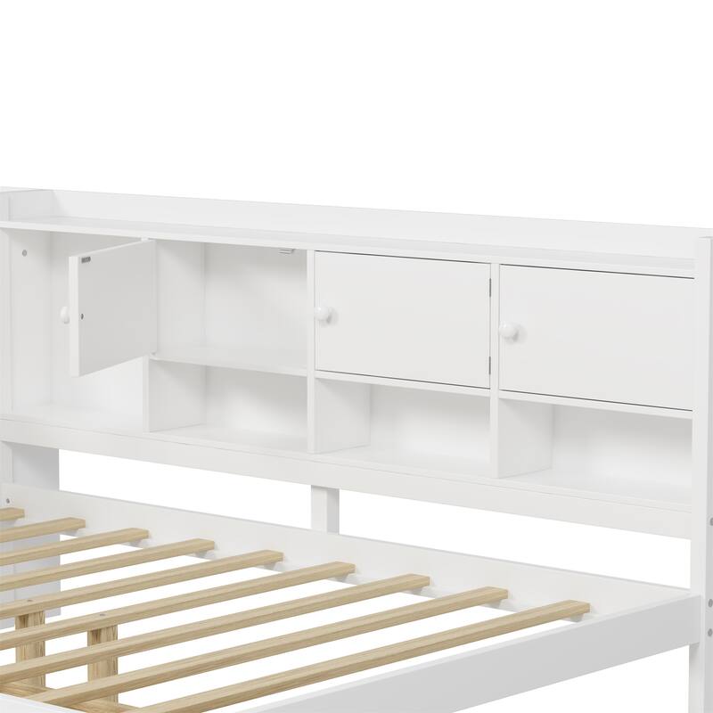 Full Size White Wooden L-Shape Daybed with Study Desk & Built-In Bookshelf