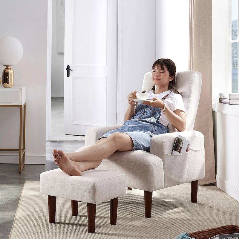 Cream White 26.77" High Back Upholstered Lounge Chair with Ottoman