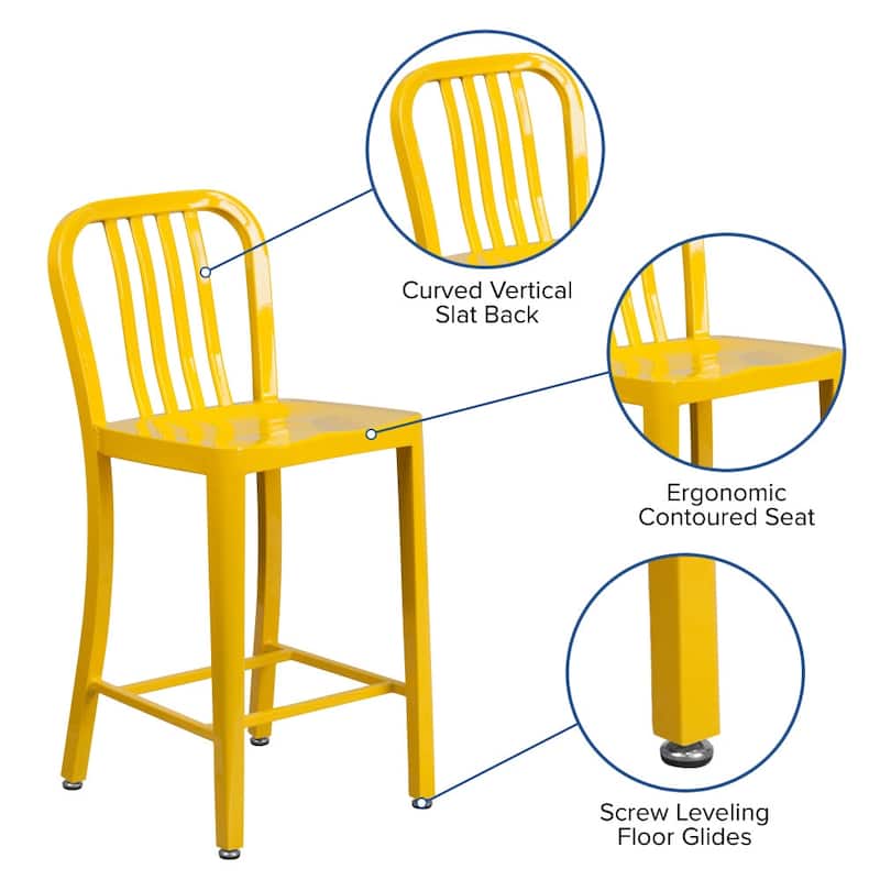 24'' High Metal Indoor-Outdoor Counter Height Stool with Vertical Slat Back