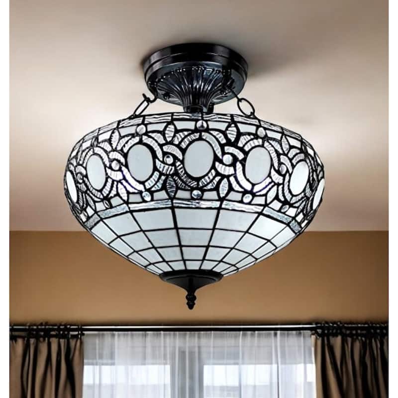 HomeRoots Blue and Black Tiffany Style Two Light Glass Dimmable Semi Flush Ceiling Light - 16' X '17' X '16 - 16' X '17' X '16