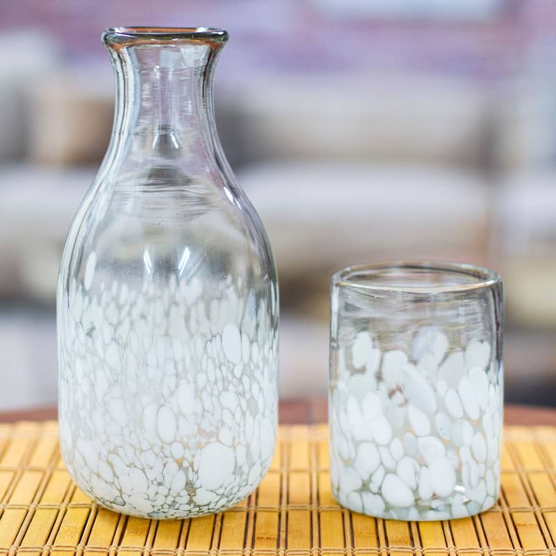 Novica Handmade White Spots Handblown Recycled Glass Carafe And Glass Set (Pair)