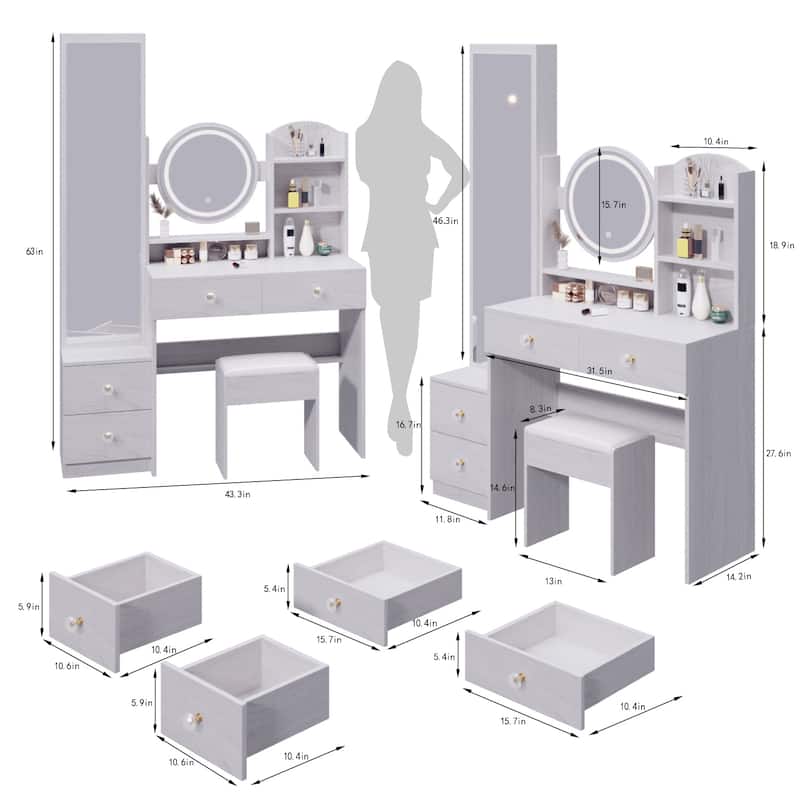Round Mirror LED Vanity Table,Cushioned Stool,Full Body Mirror Cabinet,With 2 AC 2 USB Power Station,17"diameter LED Mirror