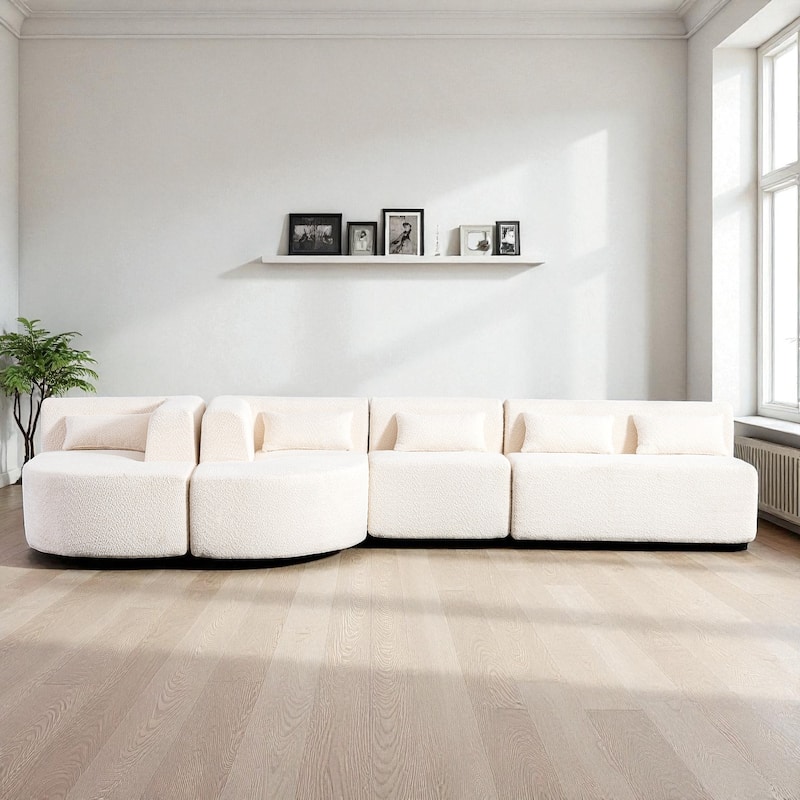144" Modular Upholstered Sofa with 2 Curved Chaise Lounges and 5 Back Pillows, Boucle Free-Combined Couch for Living Room