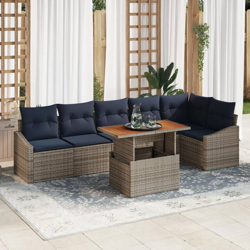 vidaXL 7 Garden Sofa Set with Cushions Black/Grey Poly Rattan - 113.6 x 48.6 x 27.2 - Grey