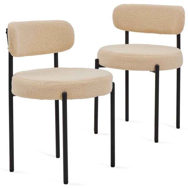Set of 2 Boucle Dining Chairs with Curved Backrest & Black Metal Legs - Beige