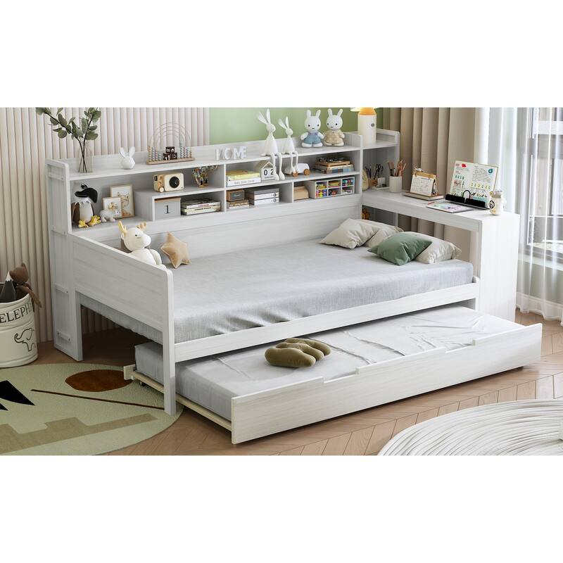 All-in-one Captains Bed Wooden Daybed U-shape Bookcase Bed with Pull-out Trundle Bed and Side Study Desk for Bedroom