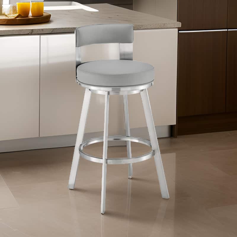 Ami 26 Inch Swivel Counter Stool Chair, Light Gray Faux Leather, Steel