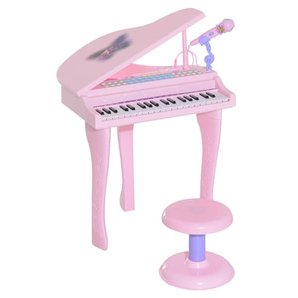 slide 2 of 9, Qaba 37-Key Kids Toy Keyboard Piano Musical Electronic Instrument Grand Piano with Microphone, Stool, MP3 - Pink Pink