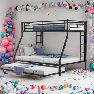 Twin over Full Bed Bunk Bed with Twin Size Trundlle, Two-Side Ladders,Black