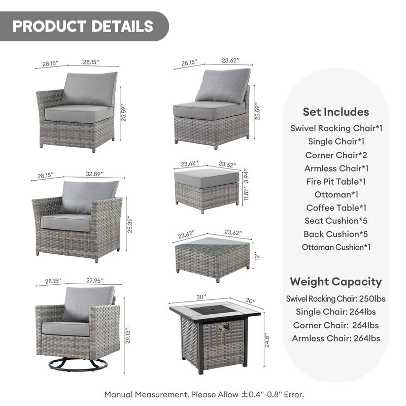 XIZZI 8-piece Outdoor Furniture Wicker Sofa Set with Fire Pit