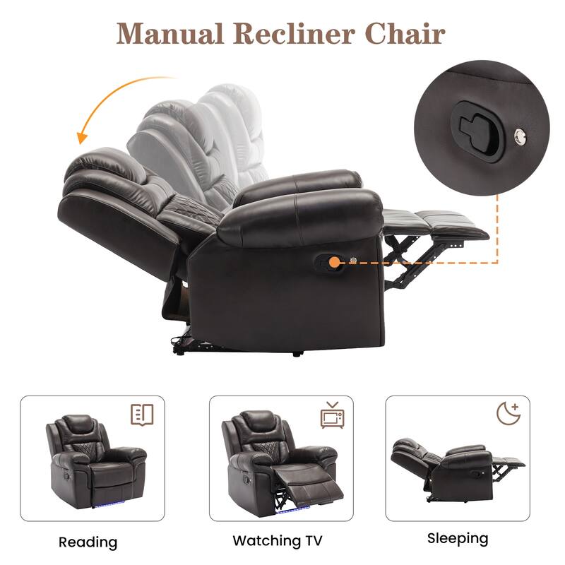 Home Theater Seating Manual Recliner Chair with Center Console and LED Light Strip for Living Room, Black
