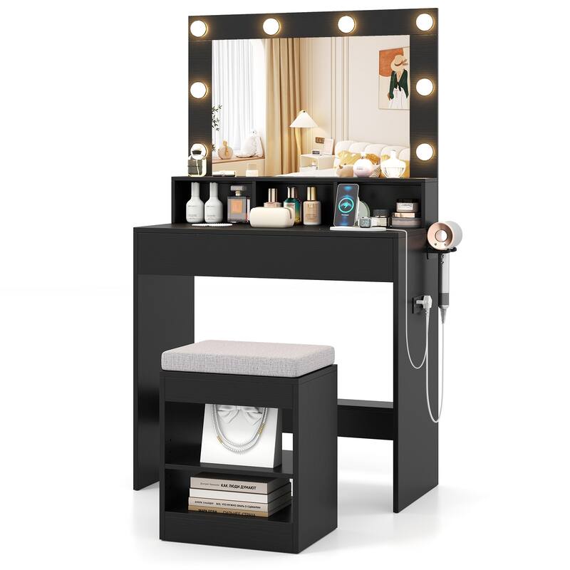 Gymax Vanity Desk Set w/ Mirror & Lights 31.5'' Small Makeup Table for - Black
