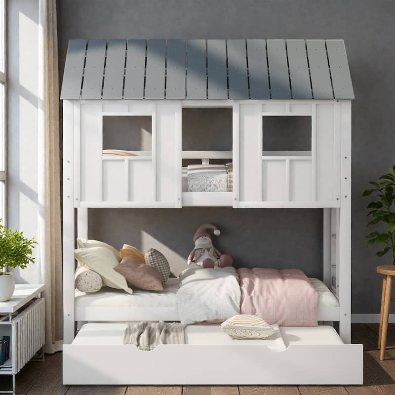 Twin House Bunk Bed with Trundle, Roof and Window Design, Solid Wood Triple Bed Frame for Kids Bedroom